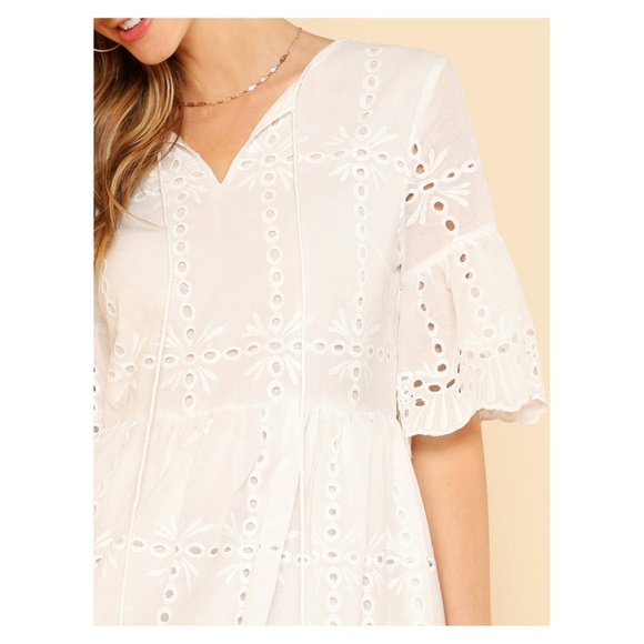 White Short Sleeve Eyelet Tassel Dress - Picture 4 of 5